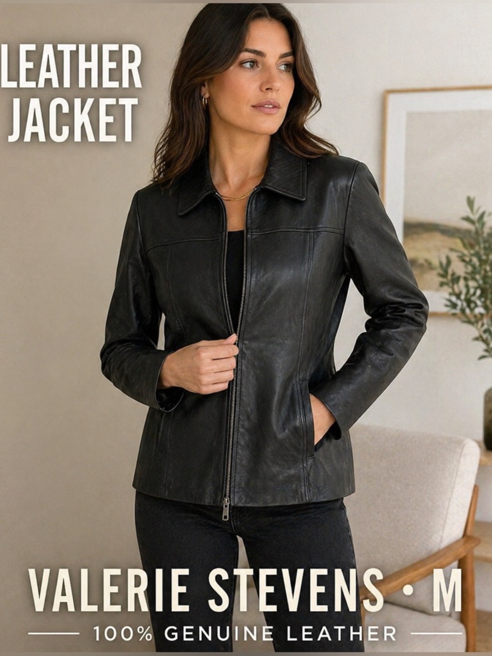 Valerie Stevens Black Leather Jacket M Fitted Y2K Zip Pockets